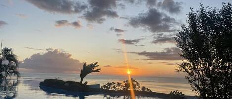 Un atardecer sobre una piscina tranquila, con palmeras y vistas al océano.