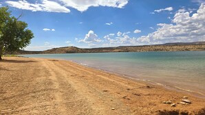 Une plage avec une eau claire, un rivage sablonneux et un arbre sur la gauche.