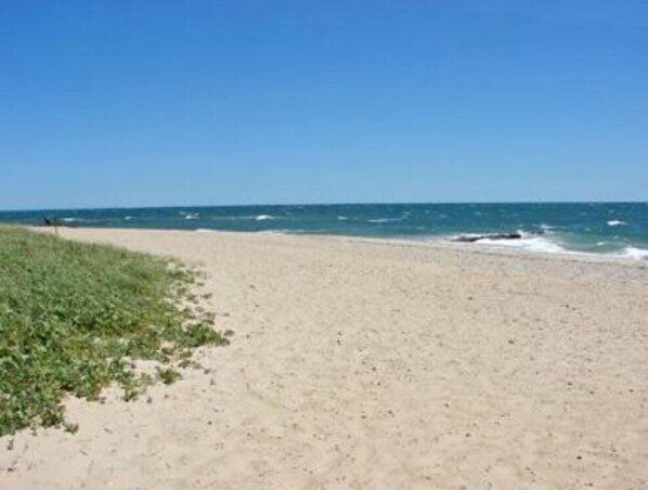 Perto da praia, espreguiçadeiras, toalhas de praia 