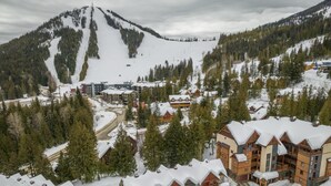 A snow-covered mountain town with traditional log cabins and modern buildings, surrounded by dense forests and a ski slope.