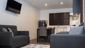 Un soggiorno moderno con un divano grigio, un tappeto decorato e un televisore a schermo piatto montato a parete.