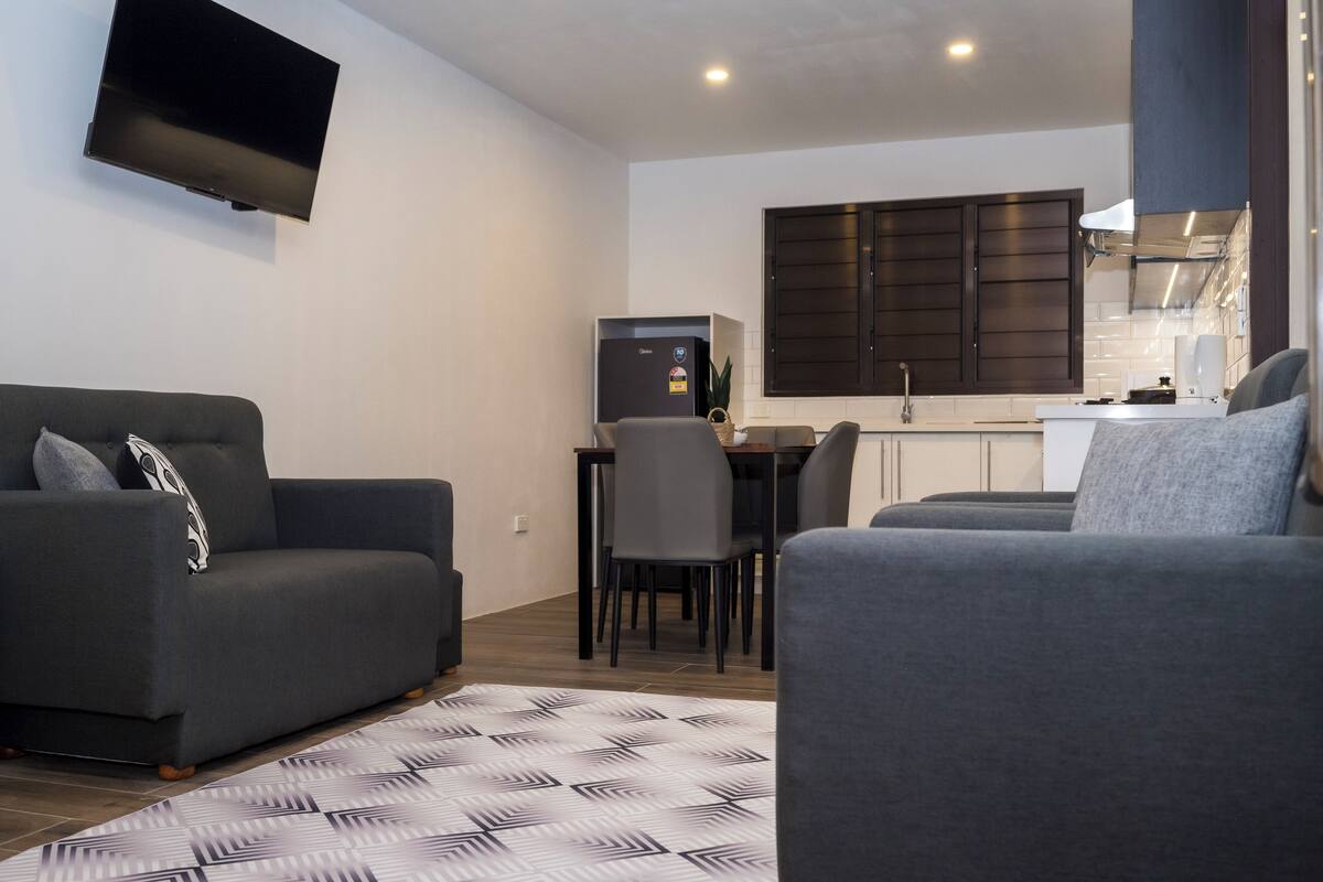 A modern living room with a grey sofa, a patterned rug, and a flat-screen TV mounted on the wall.