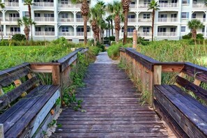Stroll along the boardwalk to the hotel, surrounded by lush greenery and palm trees.