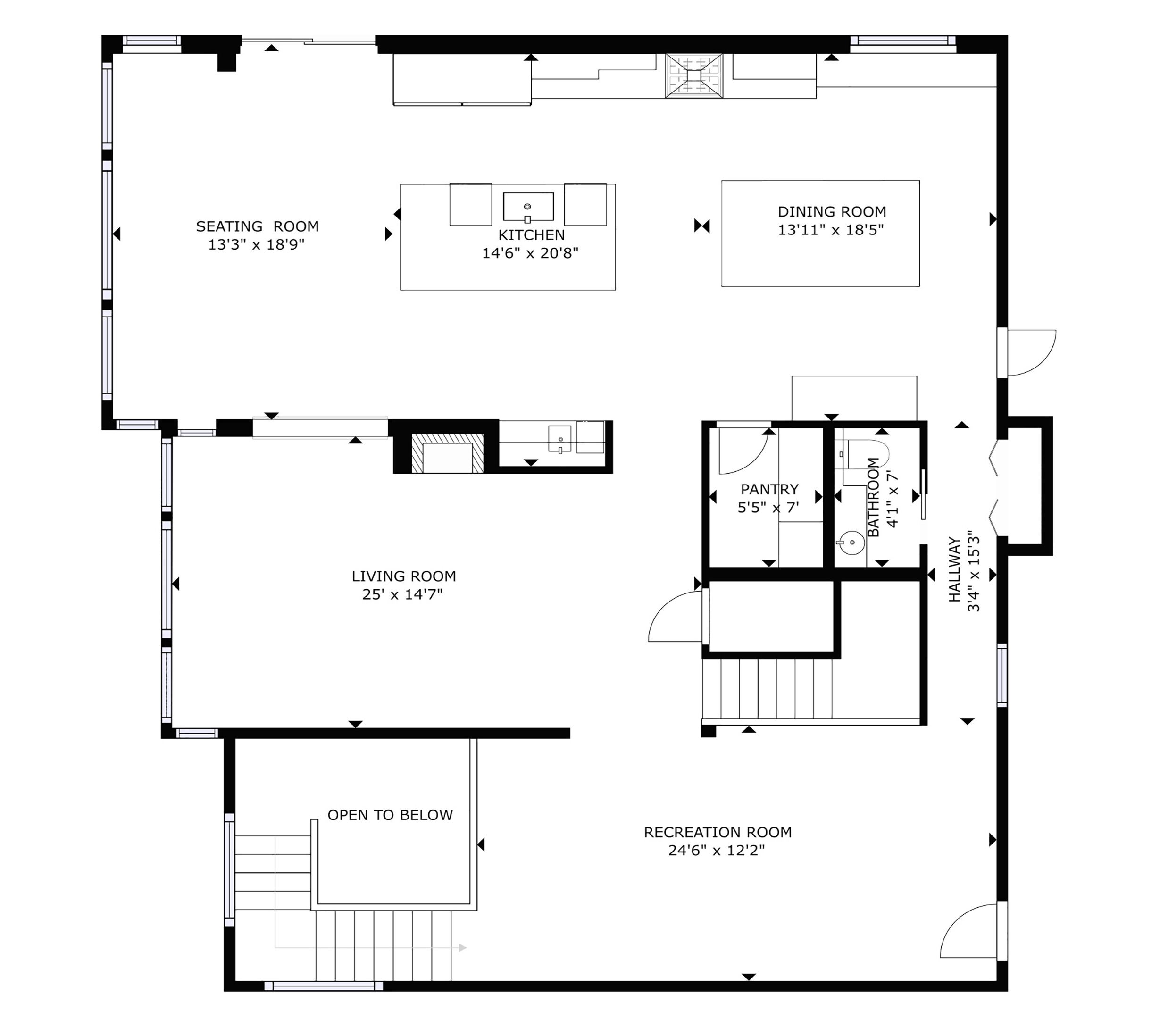 A floor plan of a hotel with a seating room, kitchen, dining room, living room, recreation room, and a hallway.