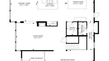 A floor plan of a hotel with a seating room, kitchen, dining room, living room, recreation room, and a hallway.
