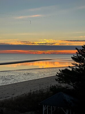 On the beach, sun loungers