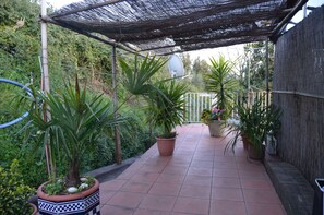 A covered patio area with potted plants and a satellite dish. - la castellana una finestra sul mare (Lerici)