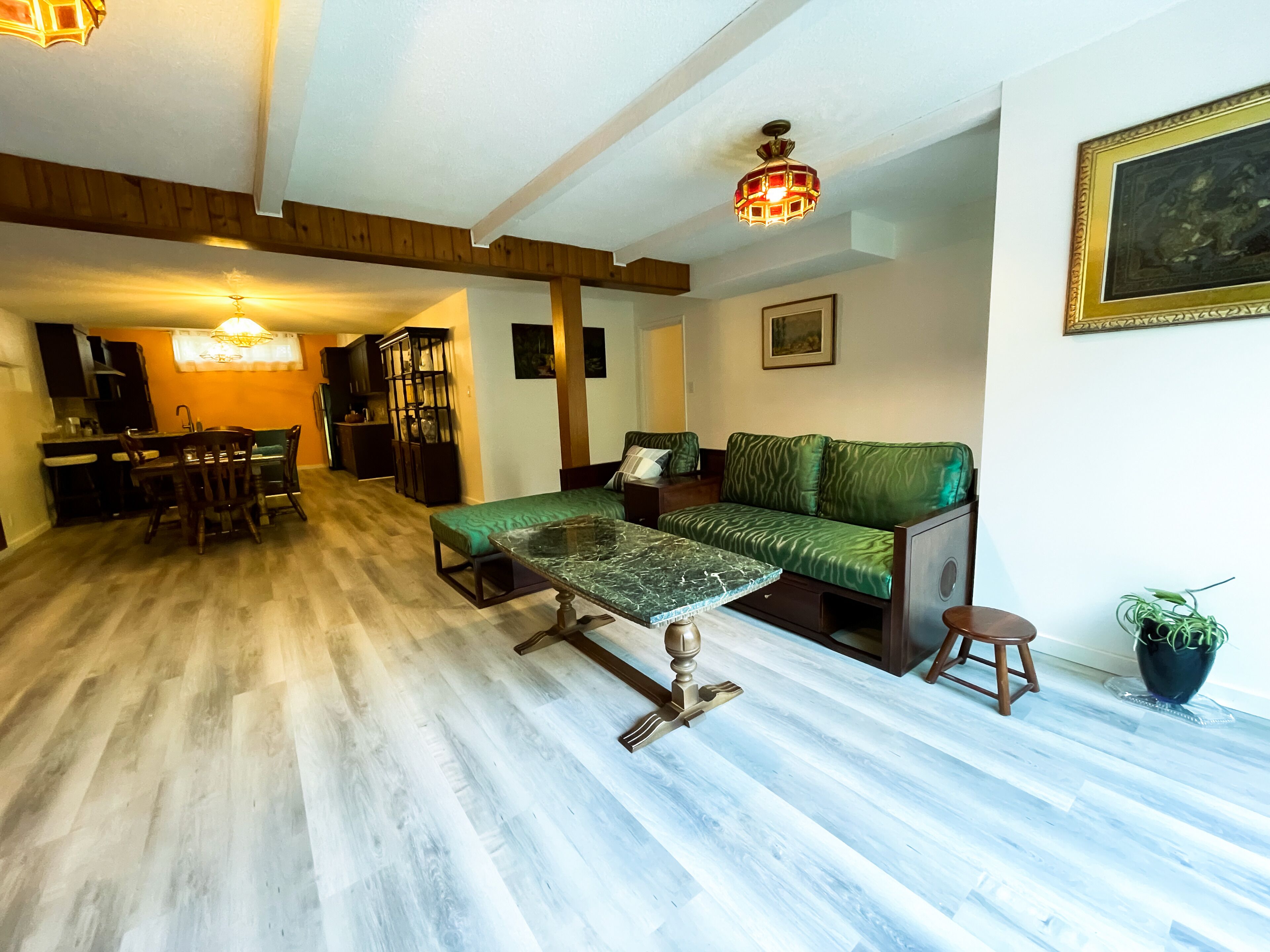 cabin-like rentals are nestled amidst lush forest