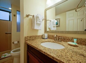 Hair dryer, towels, soap, toilet paper