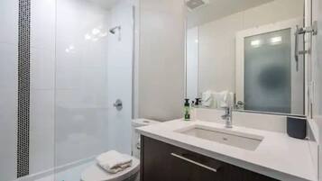 Shower, hair dryer, towels, soap