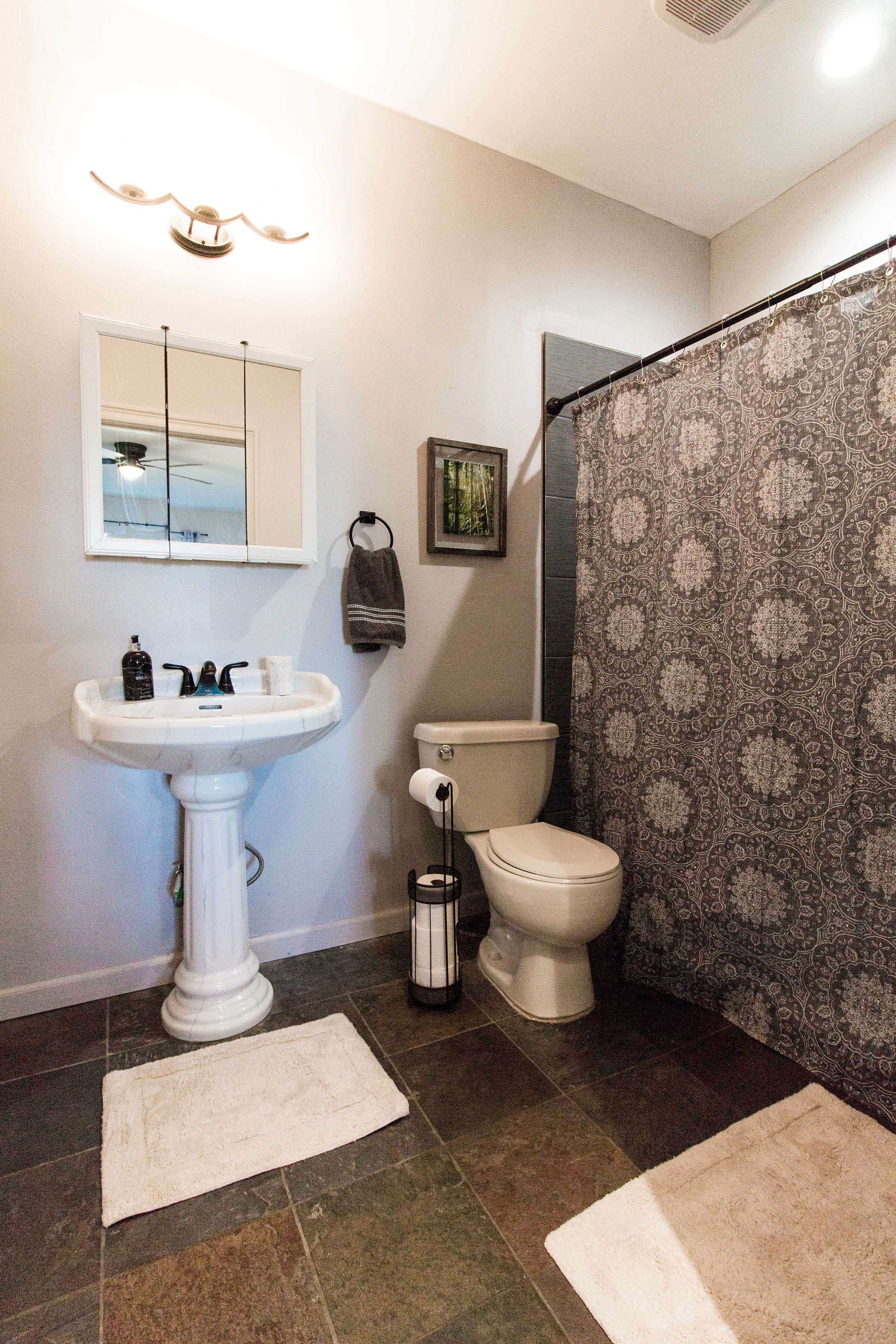 A bathroom with a pedestal sink, toilet, and shower curtain.