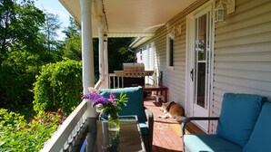 A porch with a grill, a table with a vase of flowers, and a dog lying on the floor. - Cozy private cottage with picturesque scenery (New Glasgow)