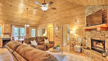 Smart TV, fireplace, books