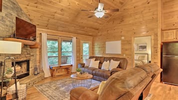 Smart TV, fireplace, books