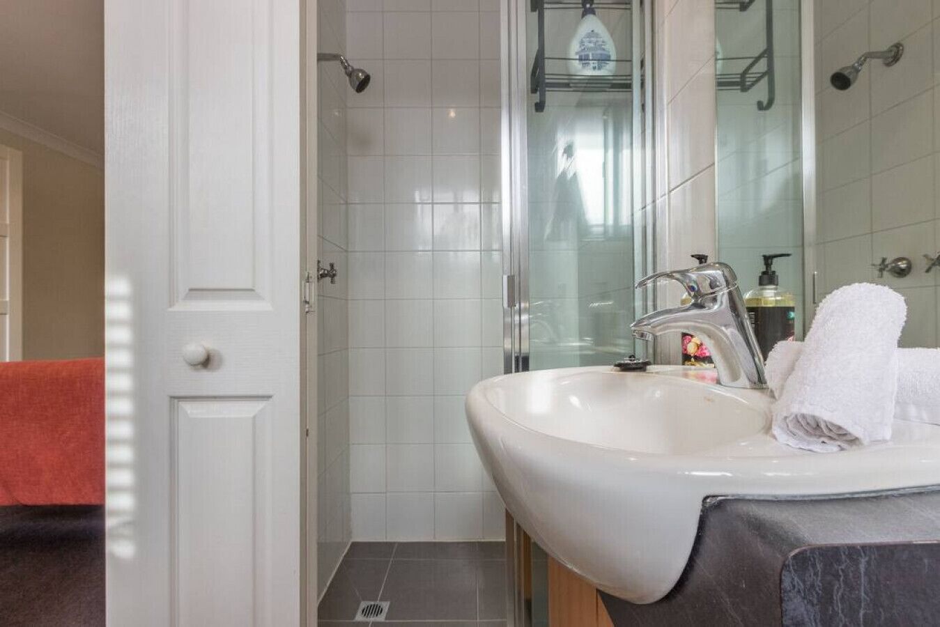 Hair dryer, towels, soap