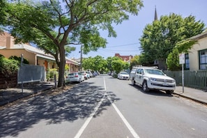 A street lined with parked cars and trees, with buildings on either side.