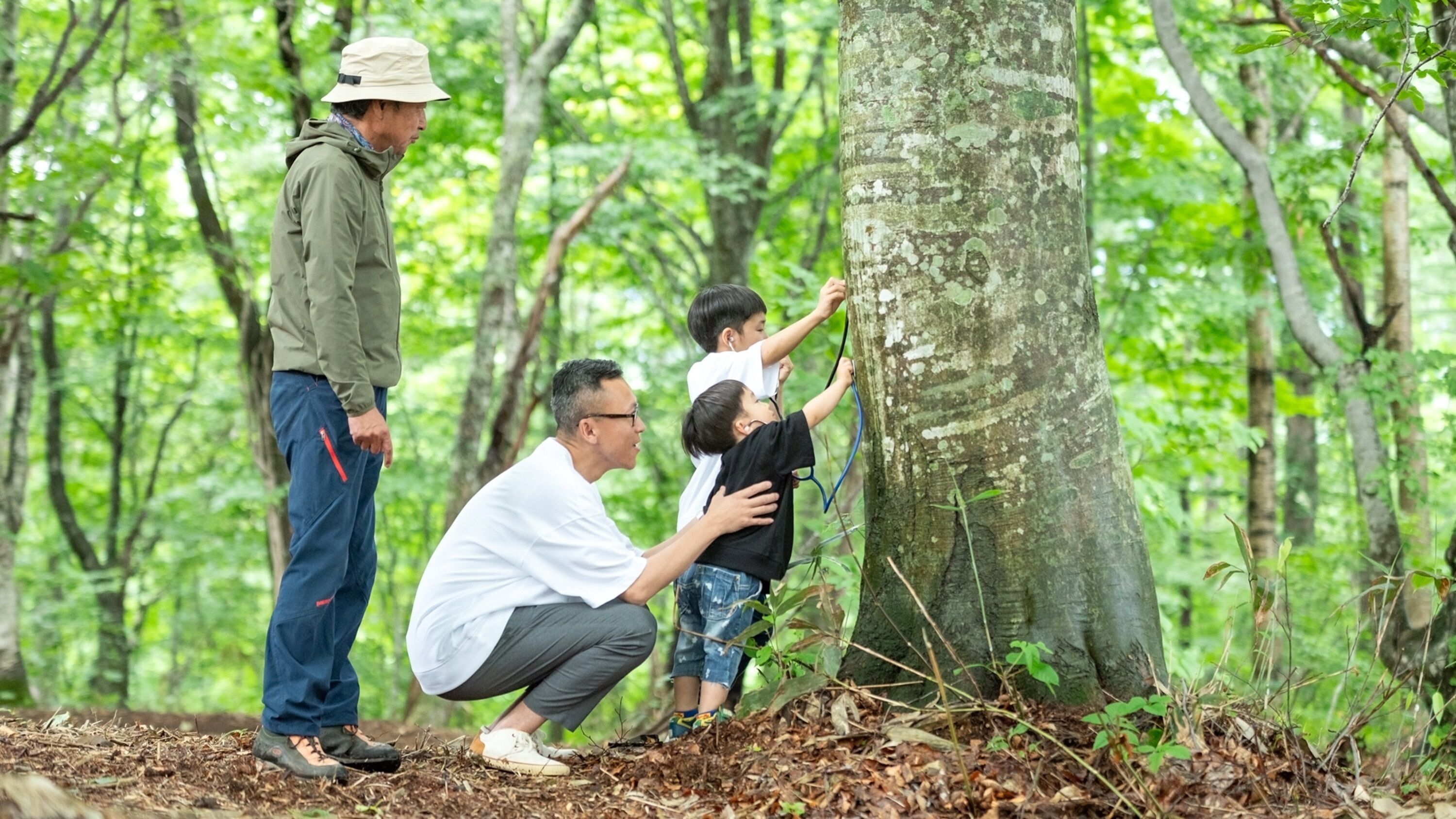 A family in a forested area with a man and two children climbing a tree.