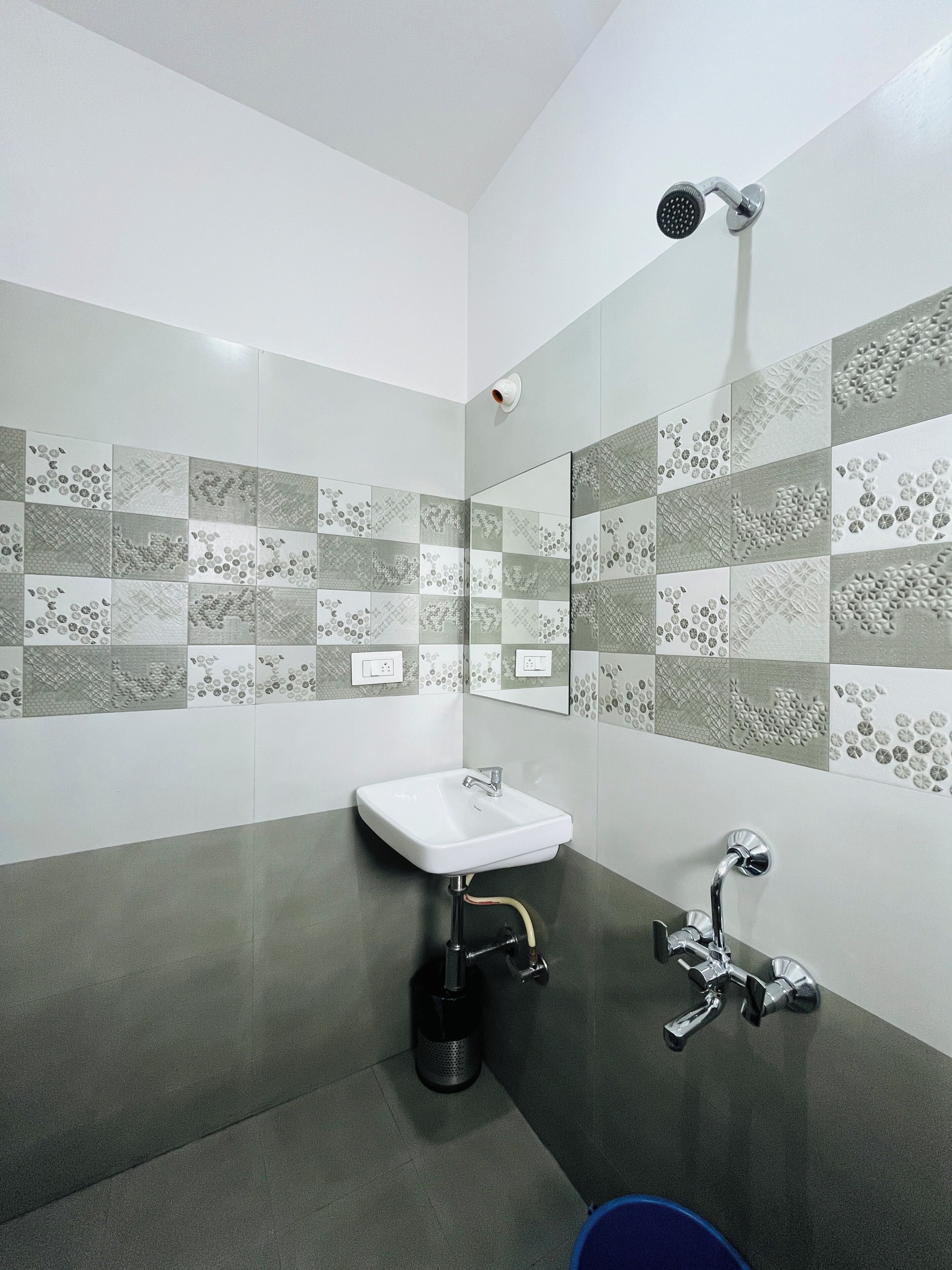 A bathroom with a white sink, a handheld showerhead, and a wall-mounted faucet.