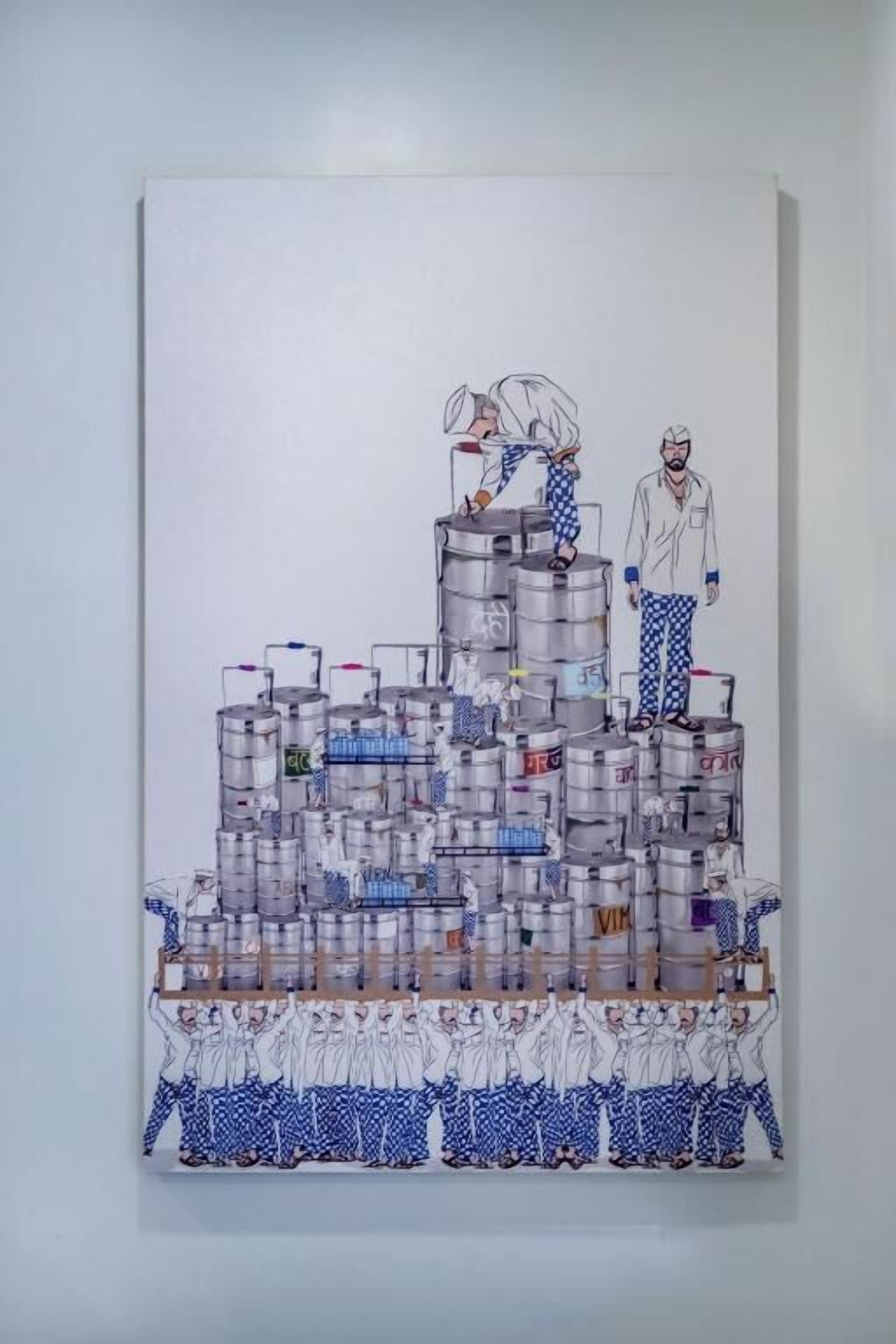 A sculpture of people in white and blue uniforms standing on and around a structure made of metal containers.
