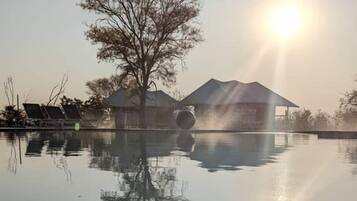 Outdoor pool, pool umbrellas, pool loungers