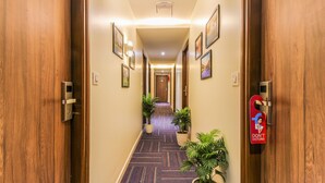 A hotel hallway with wooden doors, framed pictures on the walls, a patterned carpet, and potted plants. - Fabhotel Rk International (Mumbai)