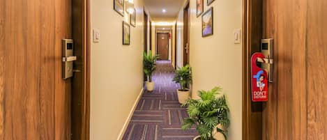 Un pasillo de hotel con puertas de madera, cuadros en las paredes, alfombra estampada y plantas en macetas.