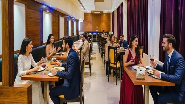 A restaurant with multiple tables and booths, wooden paneling, and a modern ceiling design. - FabHotel Devanshi Inn (Panvel)