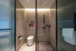 Shower, rainfall showerhead, hair dryer, bathrobes