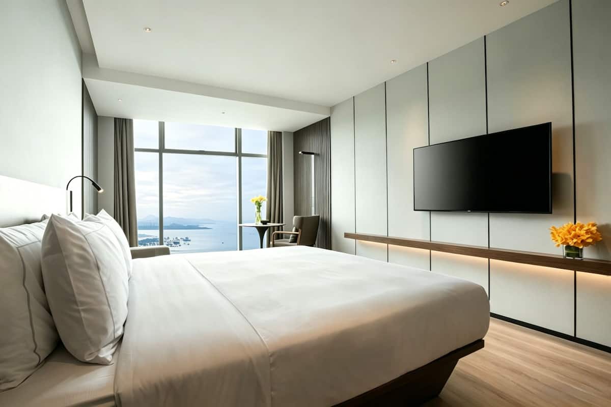 A modern hotel room with a large bed, a flat-screen TV, a desk, and a view of the city.