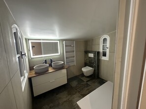 A modern bathroom with a double sink vanity, a toilet, and a shower area.