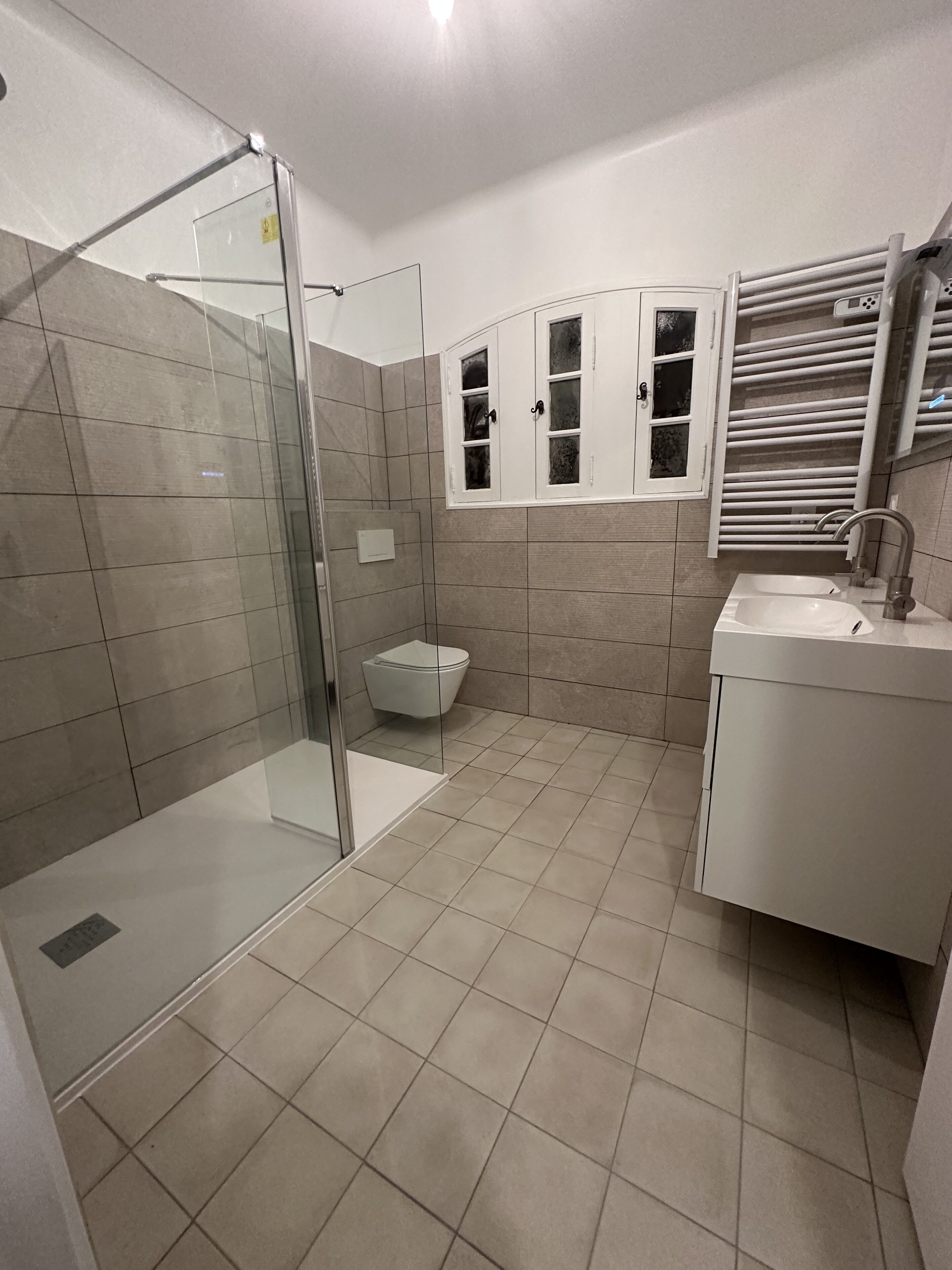 A modern bathroom with a glass shower enclosure, a toilet, and a sink with a mirror.