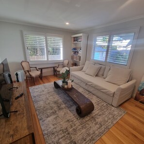 TV connectée, cheminée, livres, services de streaming