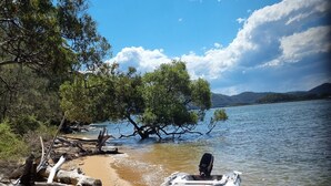 Una playa con una pequeña lancha inflable atada a un tronco, rodeada de árboles y aguas tranquilas.