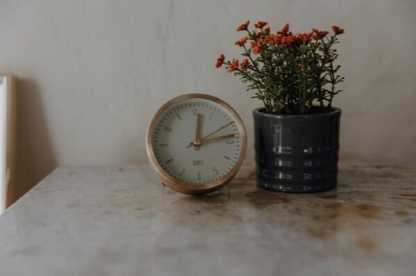 A wall clock with a white face and wooden frame, and a potted plant with orange flowers. - Schloßschänke Eysölden (Thalmassing)
