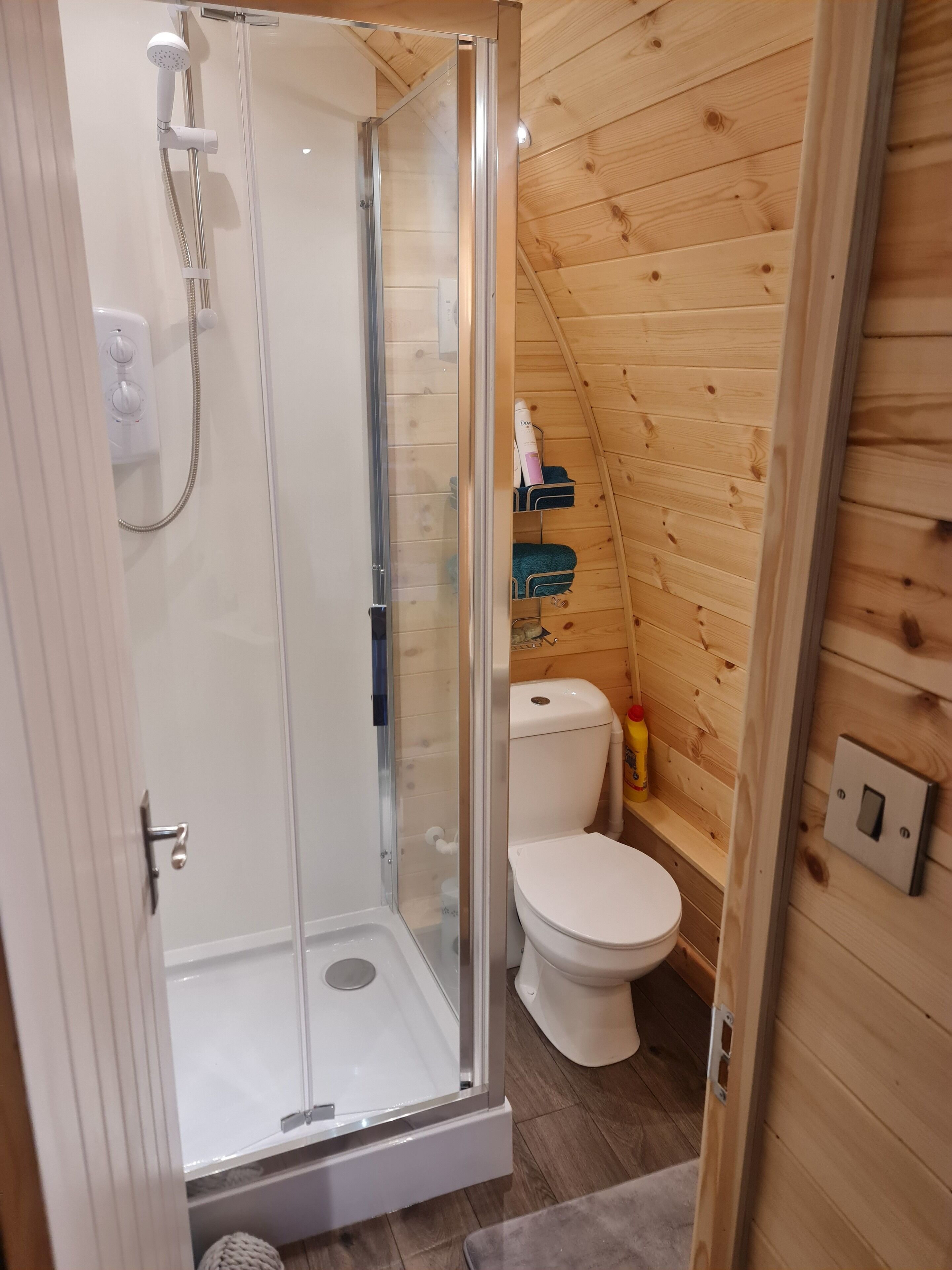 Shower, towels, soap, shampoo