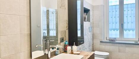 Regadera, secadora de cabello, bidet, toallas