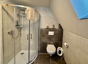 A bathroom with a glass-enclosed shower, a toilet, and a bidet.