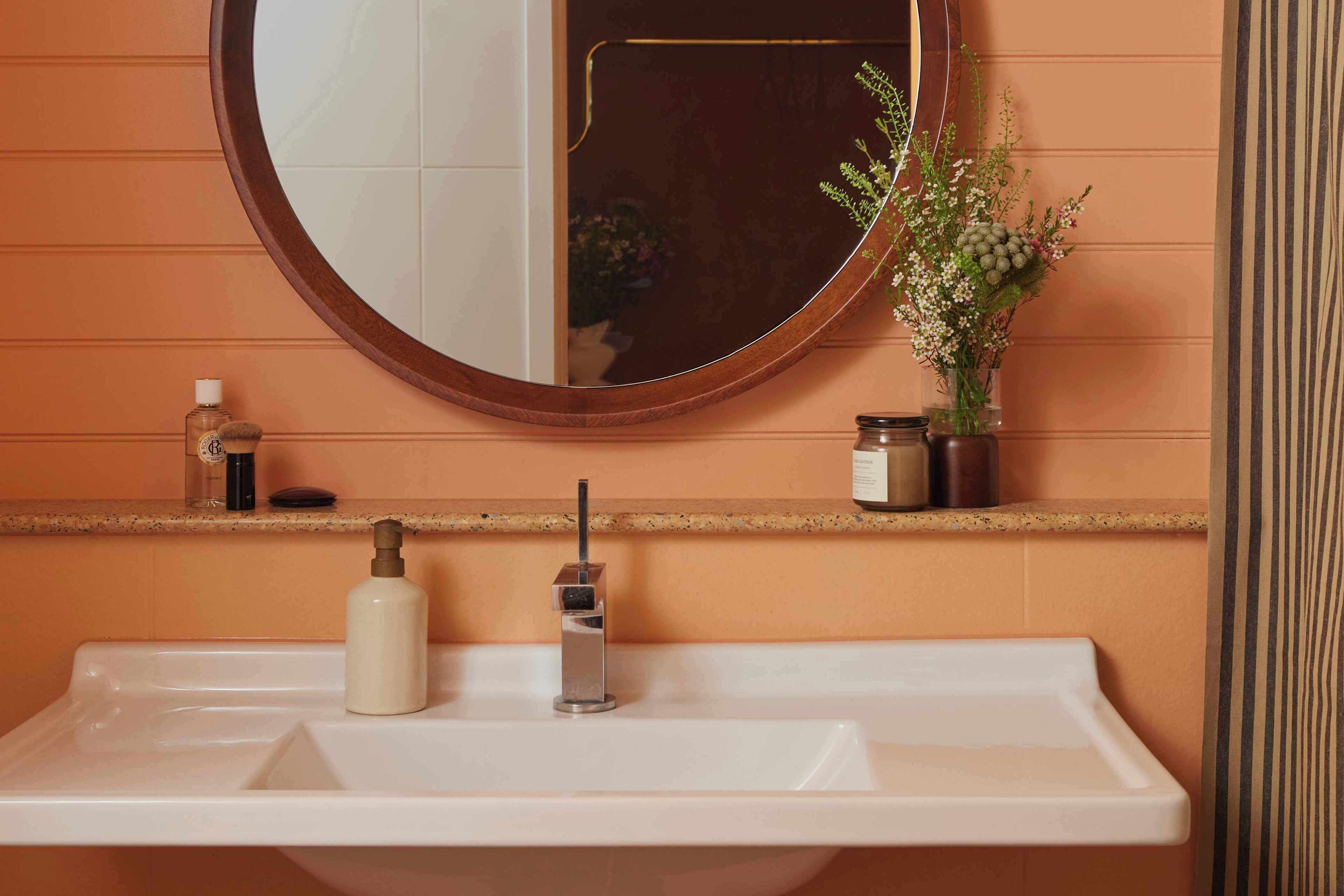 A bathroom with a white sink, a round mirror, and a small potted plant.