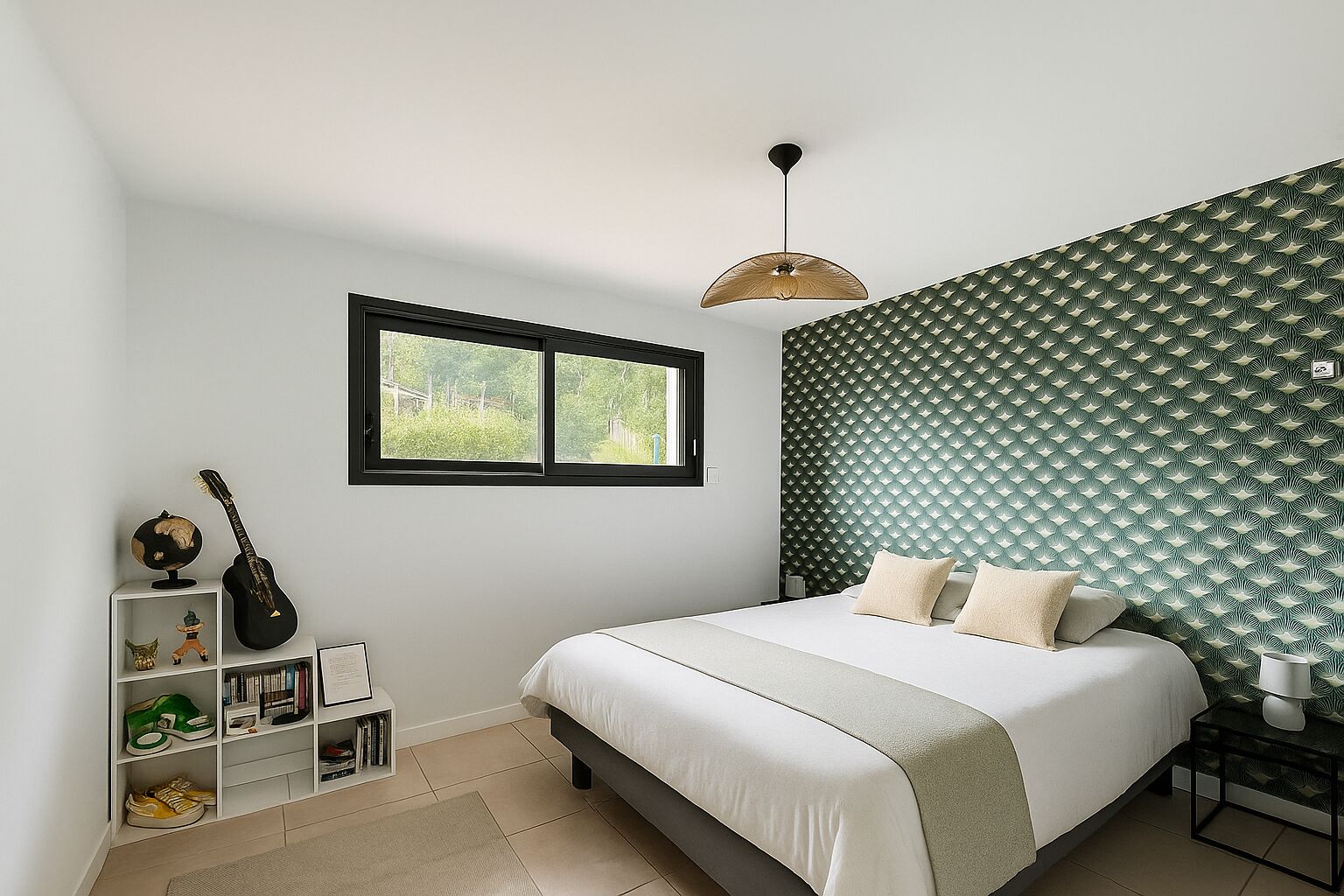 A bedroom with a bed, a window, a bookshelf, and a patterned wall.