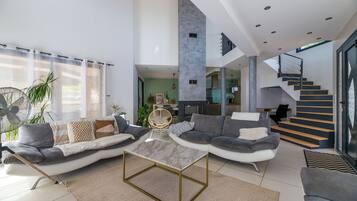 Smart TV, fireplace, stereo, printers