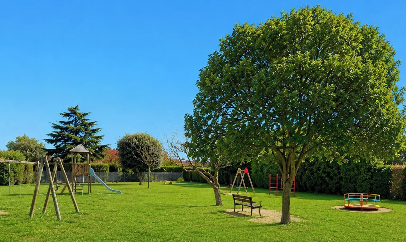 Un parco con altalene, uno scivolo, una panchina e un albero grande.