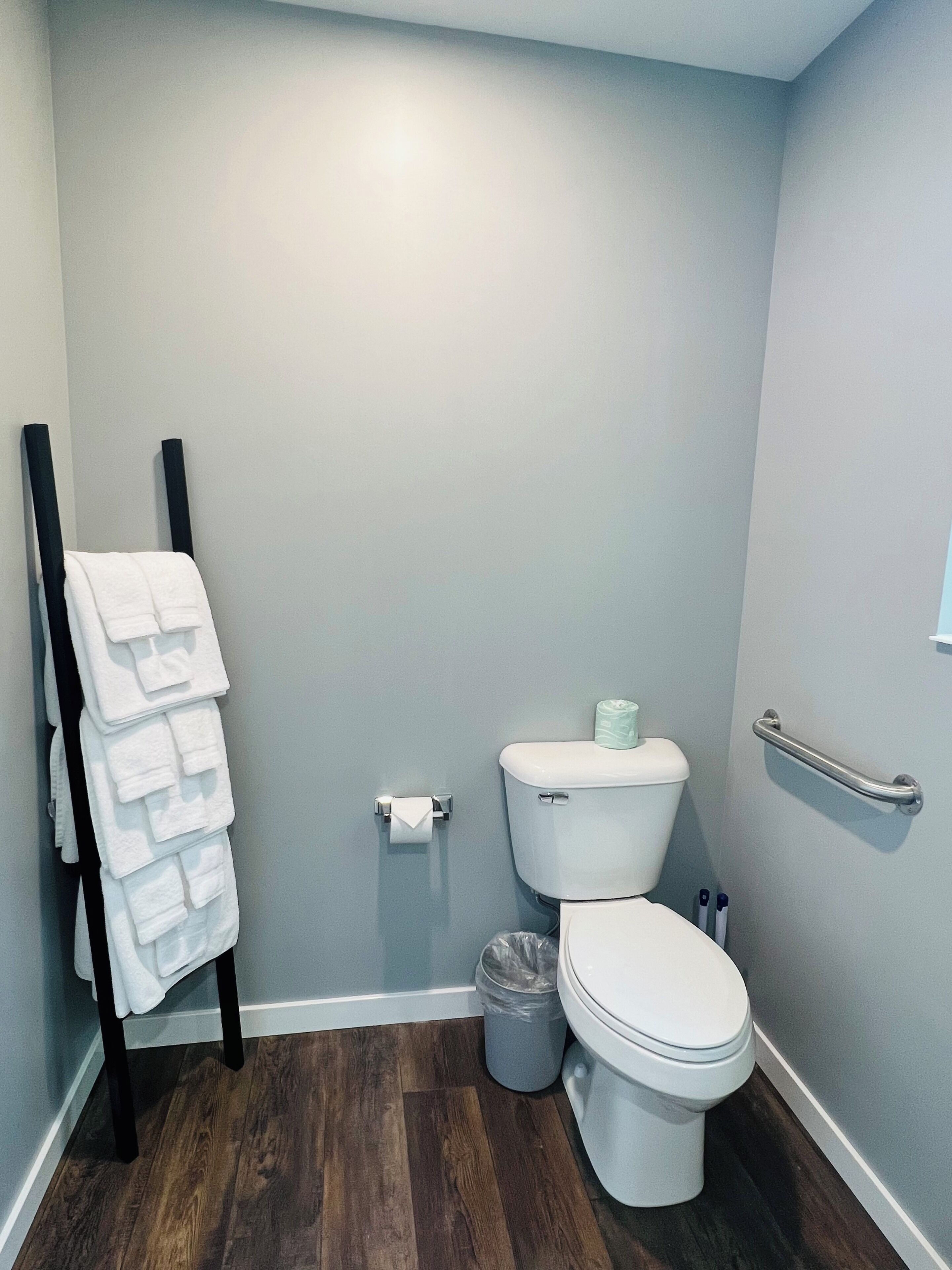 Un baño pequeño con un inodoro, un perchero y un cubo de basura.