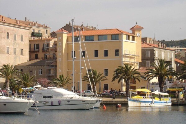 A marina with boats docked, a building with 'PROPIA' written on it, and palm trees.