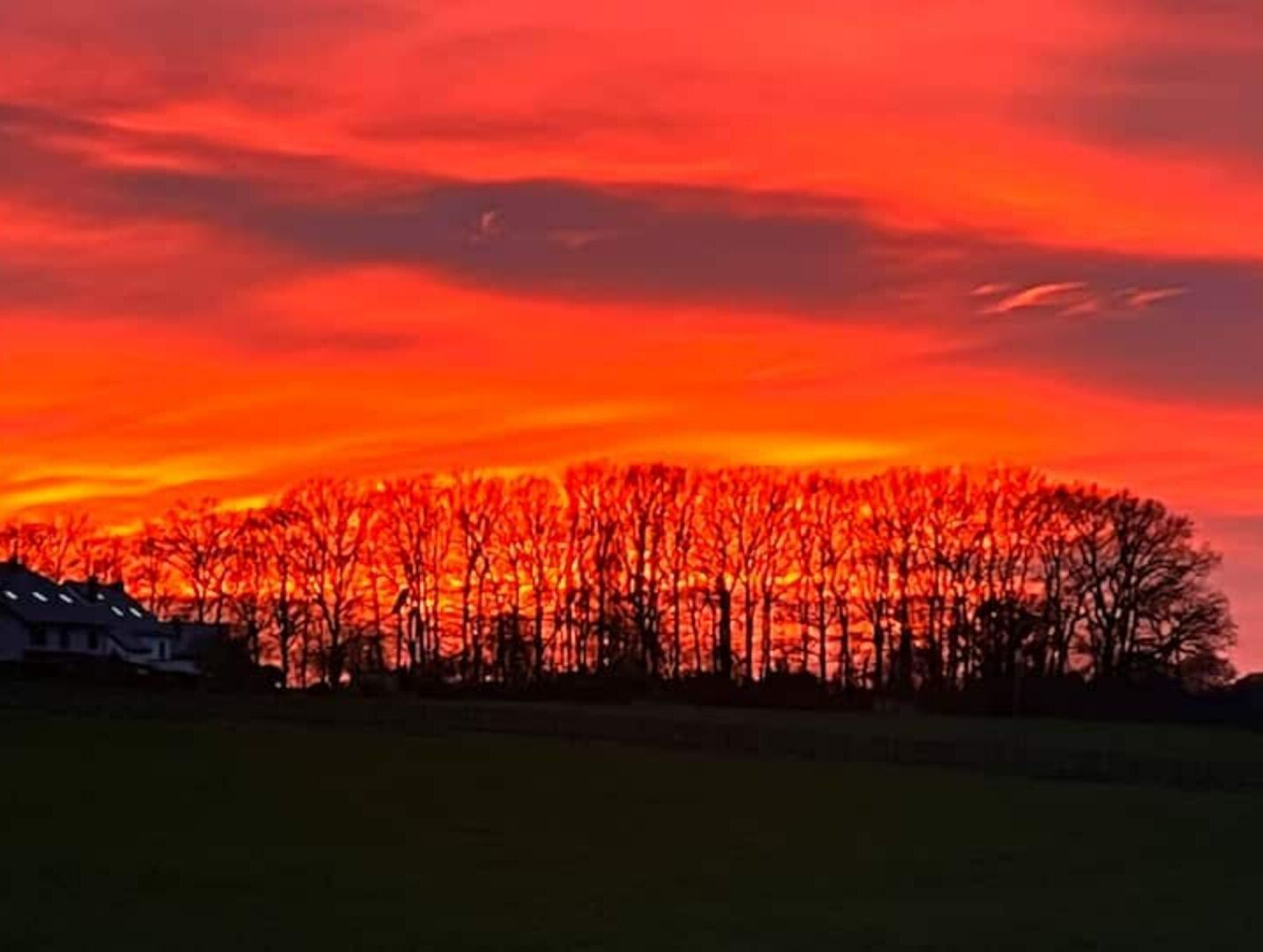 A sunset over a forest with a house in the foreground.