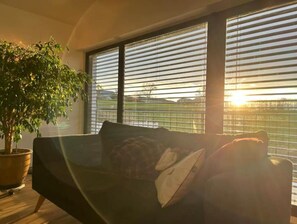 TV connectée, cheminée, livres, chaîne hi-fi