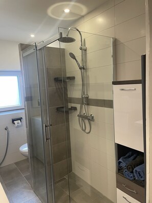 Douche, sèche-cheveux, serviettes fournies, papier toilette