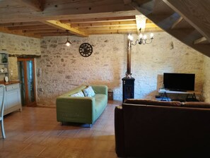Cheminée, lecteur de DVD, table de tennis de table