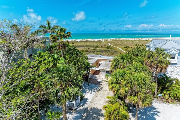 A coastal property with a paved driveway leading to a building, surrounded by lush greenery and a view of the ocean.