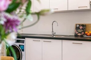 Fridge, stovetop, dishwasher, coffee/tea maker