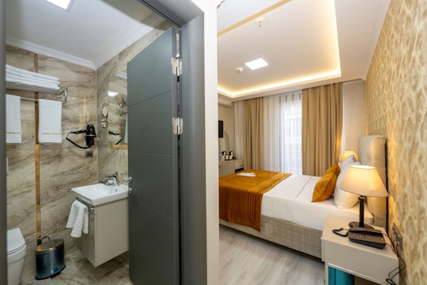 Shower, rainfall showerhead, hair dryer, slippers